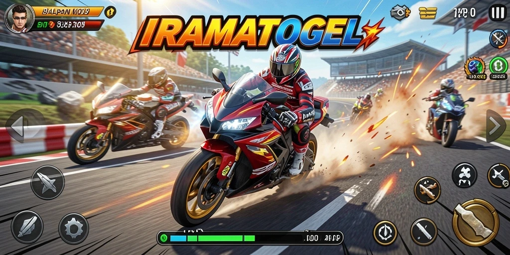 Screenshot IRAMATOGEL menampilkan pengendara motor dalam balapan seru.