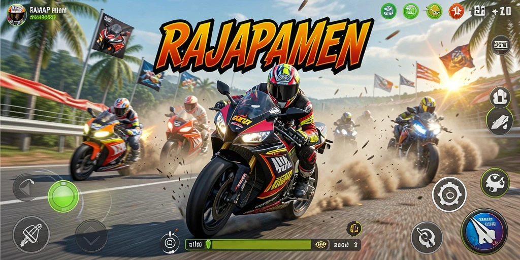 Tangkapan layar RAJAPAMEN menampilkan aksi balapan motor yang seru.