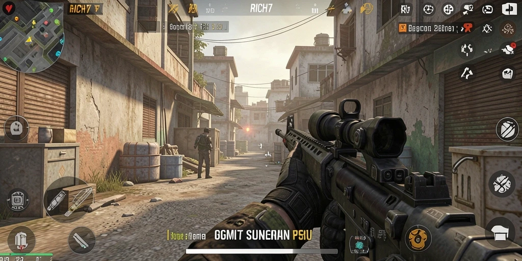 Screenshot gameplay RICH7 dengan aksi tembak-tembakan yang seru.