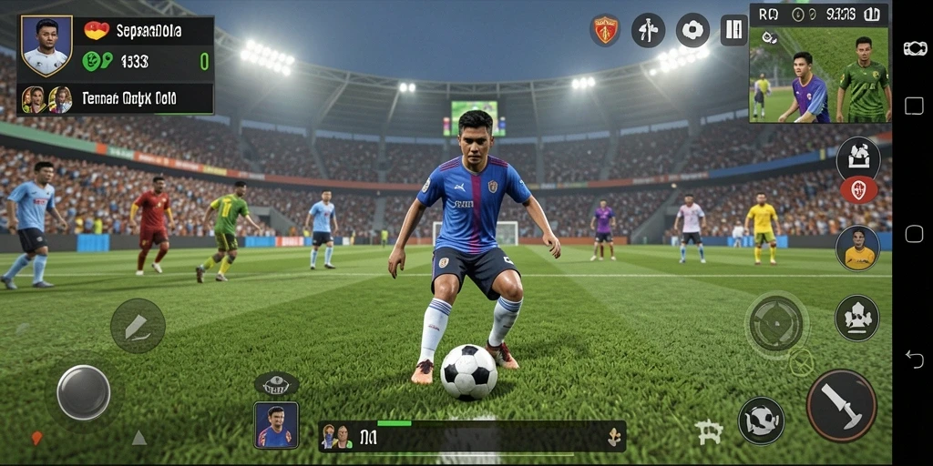 Tampilan gameplay RR33 dengan aksi sepak bola yang mendebarkan.